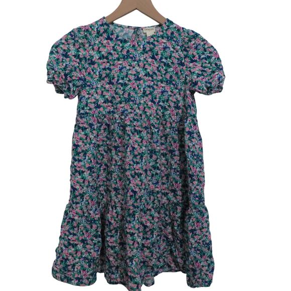 Crewcuts Girls Sz 8 Blue Pink Floral Tiered Midi Dress Puff Sleeves - Picture 1 of 8